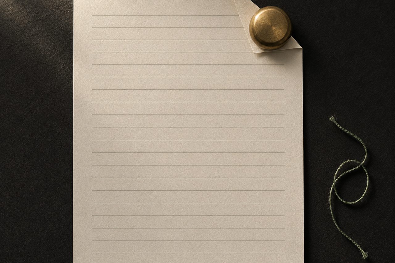 A cream sheet with empty ruled lines and a folded corner is held by a round brass paperweight, with sage thread beside it.