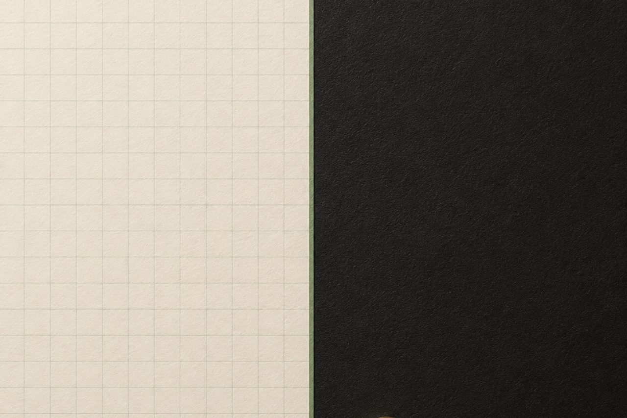 Cream graph-grid paper and matte black paper sit on opposite sides of a thin sage line, with a brass disc near the lower edge.