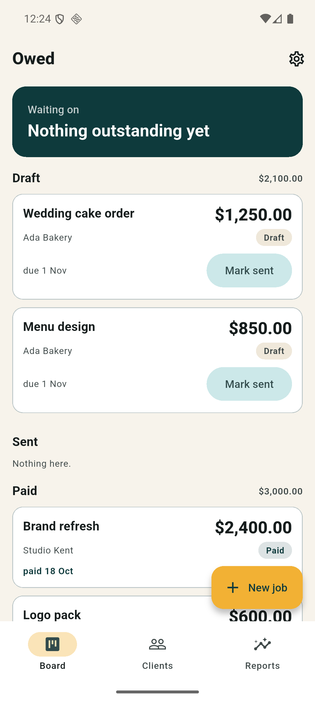 owed — pano: canlı toplamlarla taslak, gönderildi ve ödendi sütunları