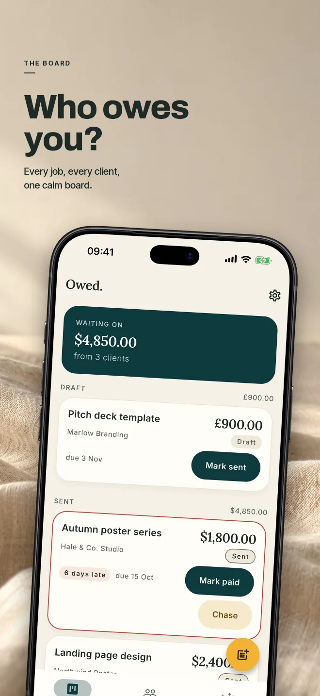 Owed store screenshot — the board: a waiting-on total, draft jobs, a late job flagged, and paid work