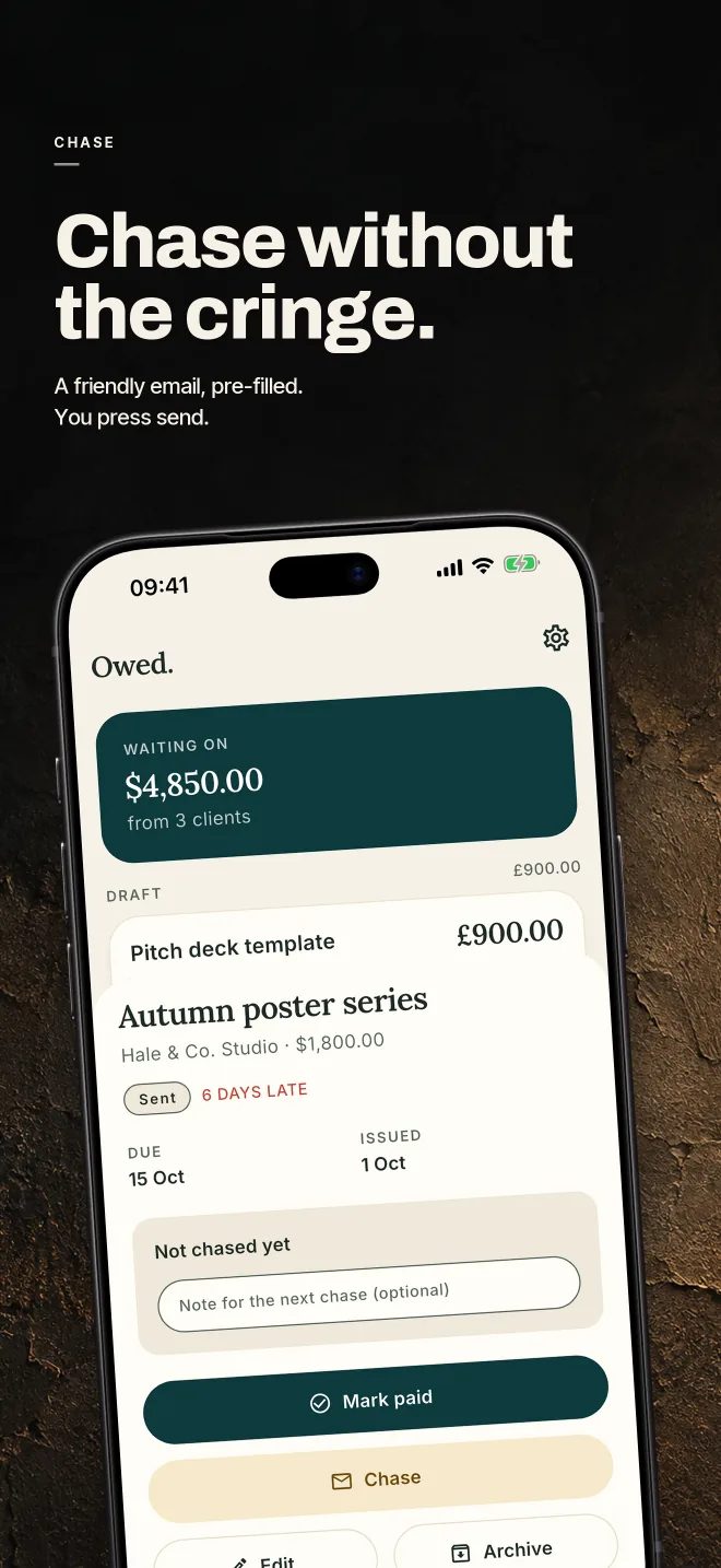 Owed store screenshot — chase: a pre-filled reminder email for an overdue job