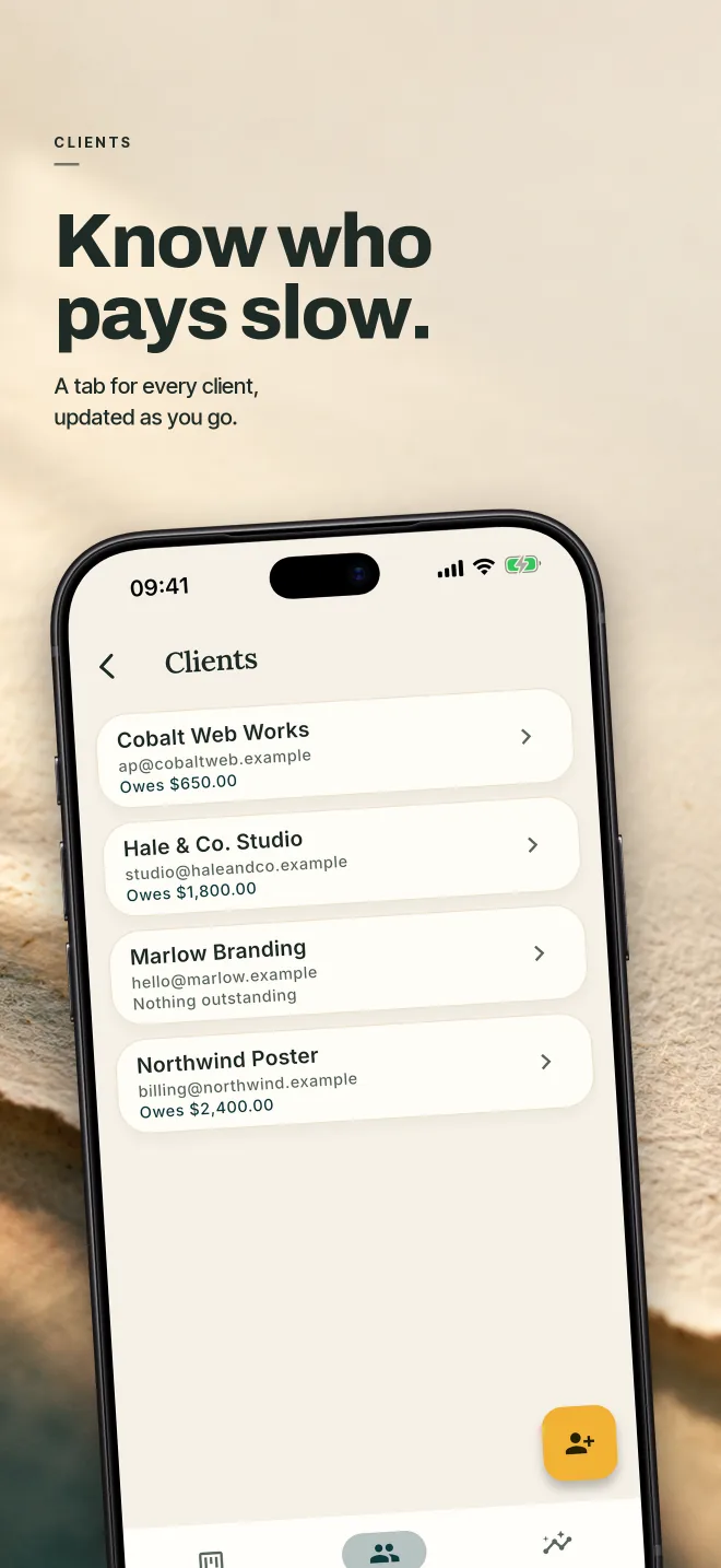 Owed store screenshot — clients: per-client balances and who pays late