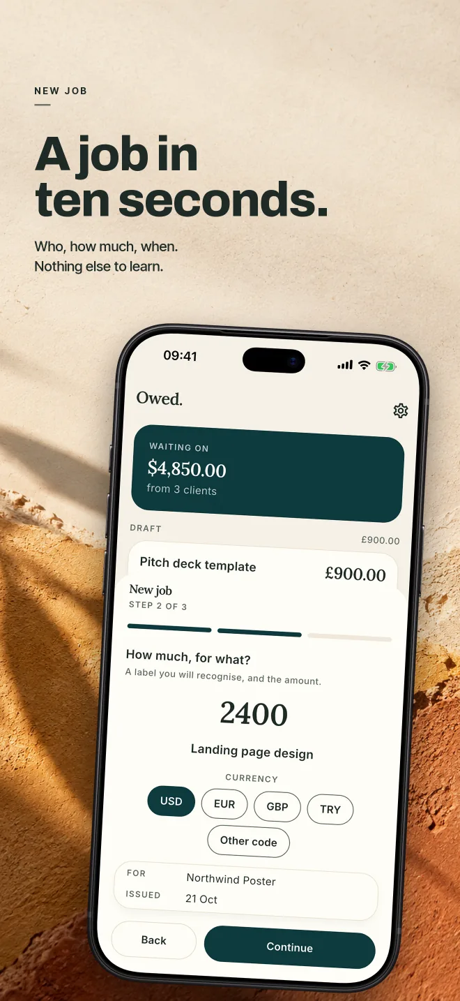 Owed store screenshot — new job: who, how much, and when, in three steps