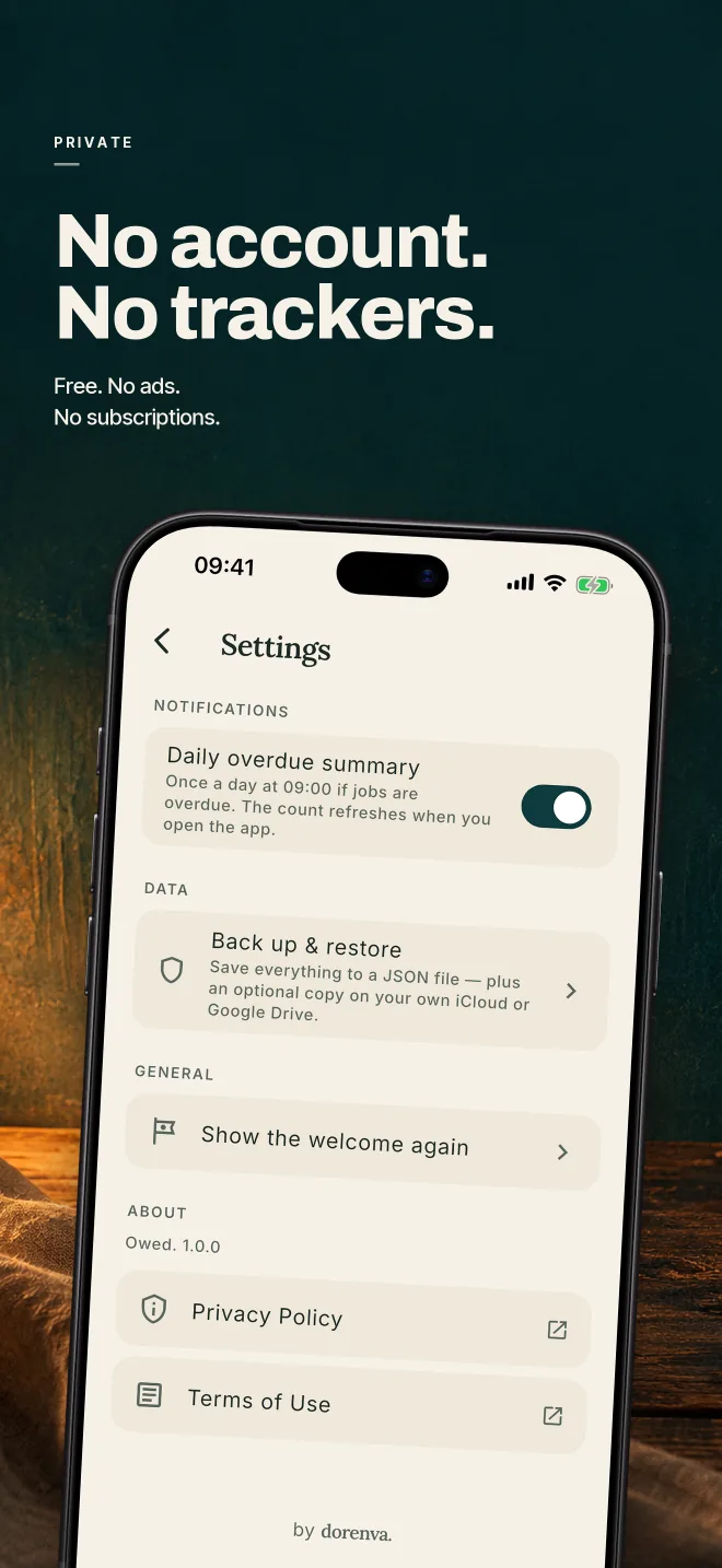 Owed store screenshot — private: no account, no trackers, data stays on your phone