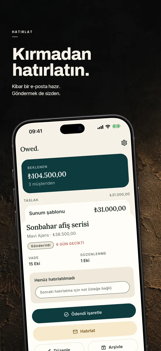 Owed mağaza görseli — hatırlat: geciken iş için hazır hatırlatma e-postası