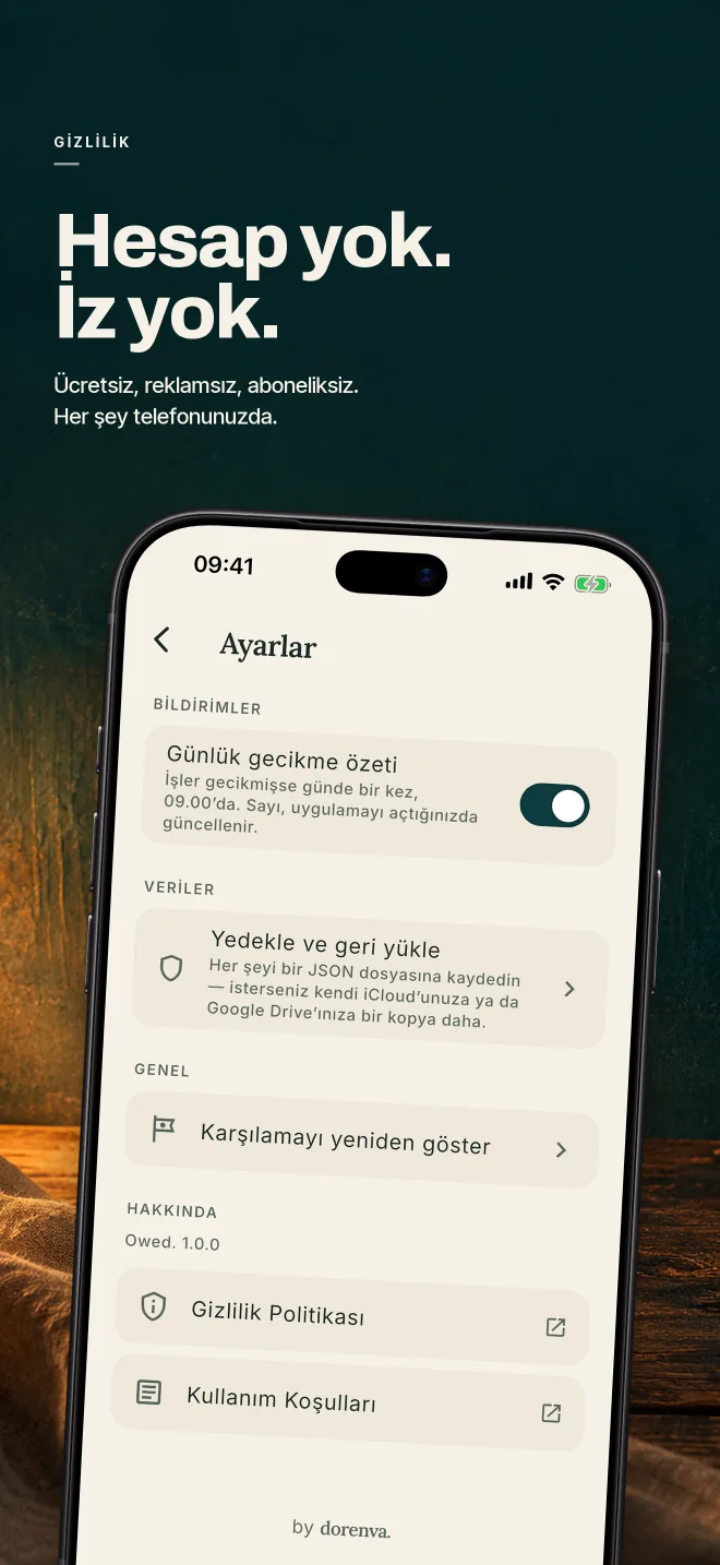 Owed mağaza görseli — gizlilik: hesap yok, izleyici yok, veriler telefonunuzda